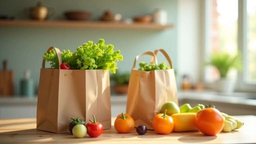 Sacs de courses avec fruits et légumes frais sur plan de travail de cuisine