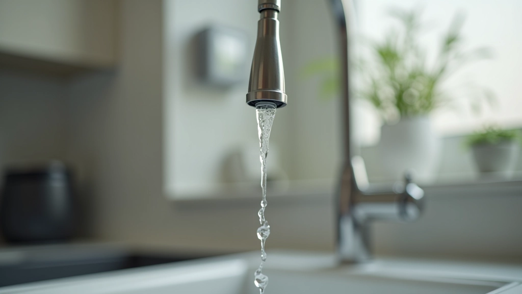 Robinetterie de cuisine avec gouttes d'eau et affichage de consommation d'eau