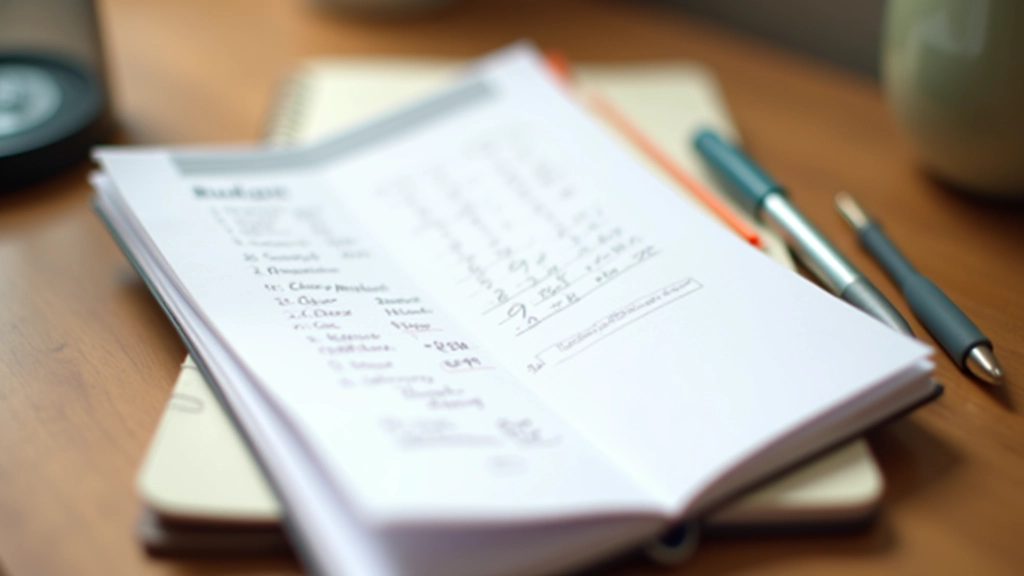 Carnet de budget ouvert avec stylo sur un bureau, calculs manuscrits visibles