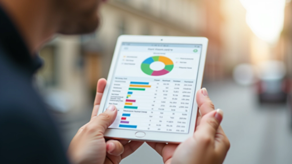 Écran d'application budgétaire montrant des catégories de dépenses avec graphiques en camembert colorés et un tableau de synthèse